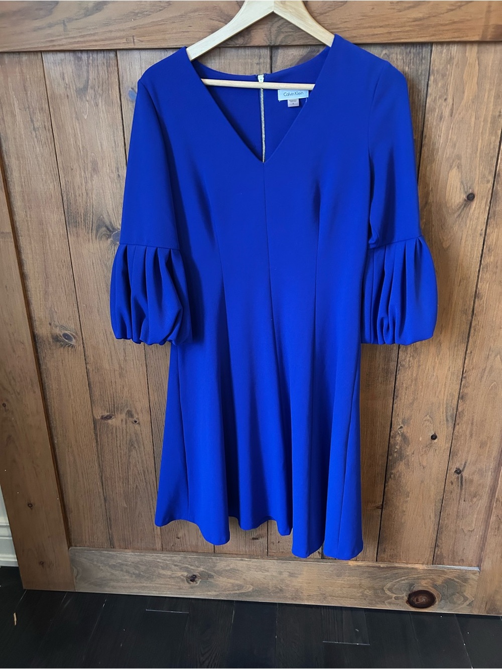 Calvin Klein Cobalt Blue V-Neck Puff Sleeve A-Line Dress